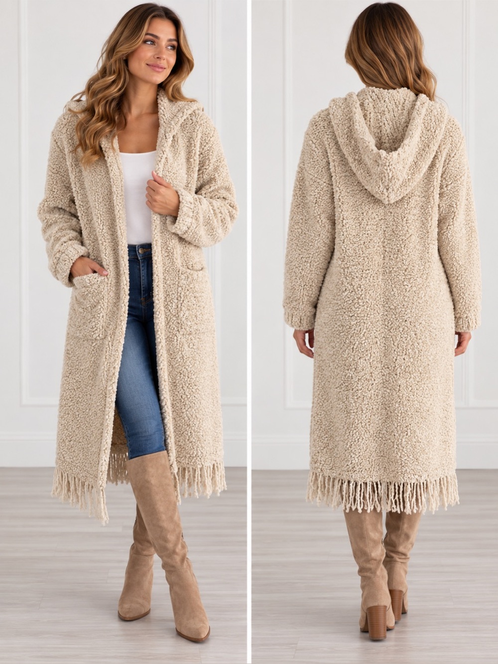 Something Navy Long Goodnight Cardigan with Fringe Cardigan in Cream Size small